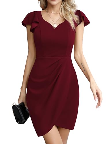 Missufe Cocktailkleid Elegant Wickelkleid Bodycon Partykleid Damen Minikleid Kurzes Kleider (Weinrot, Mittel) von Missufe