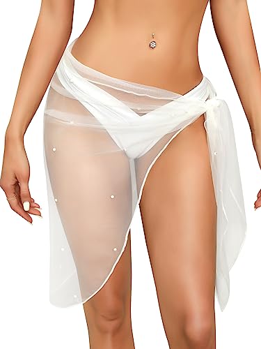 Missufe Strandkleid Wickelrock Badeanzug Cover Up Damen Sexy Kurz Sommer Wrap Bikini Sarong (weiß, mittel) von Missufe