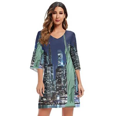 Mnsruu Statue of Liberty New York City Damen Casual Chiffon Minikleid 3/4 Ärmel V Ausschnitt, mehrfarbig, XXL/3XL von Mnsruu