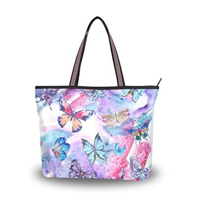 Damen-Handtaschen, Schmetterlinge, bunt, mit Reißverschluss, Schultertasche, Einkaufstasche, Strandtasche, Arbeitstasche, violett, Large von Mnsruu