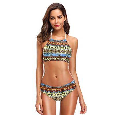 Mnsruu Abstrakter Boho-Stil, ethnischer Azteken-Bikini, Damen, Neckholder, Bademode, hohe Taille, gepolstert, 2-teilig, mehrfarbig, S / M von Mnsruu