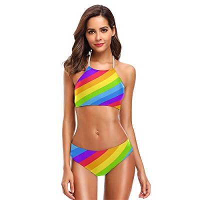 Mnsruu Geometrische gestreifte Regenbogenfarbe Damen Neckholder Bikini Bademode Hohe Taille Gepolstert 2-teilig Gr. XXL/3XL, mehrfarbig von Mnsruu