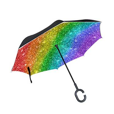 Mnsruu Regenschirm, umgekehrt, Regenbogen-Glitzer, doppellagig, groß, gerade, UV-Schutz, winddicht, Reise-Regenschirm mit C-förmigem Griff von Mnsruu