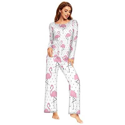 Mnsruu Rosa Flamingo Polka Dots Pyjama-Set für Damen, 2-teilig, langärmelig, Nachtwäsche, Lounge-Sets, mehrfarbig, 36 von Mnsruu