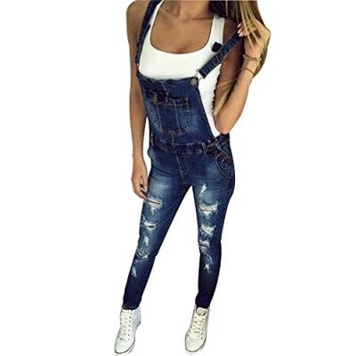 Morbuy Elegant Damen Sommer Loch Latzhose Jeans Jumpsuits, Retro Mode Einfarbig Lang Jeanshose mit Taschen Denim Casual Overalls Playsuit Hose Schwangere Hosen (2XL,Dunkelblau) von Morbuy