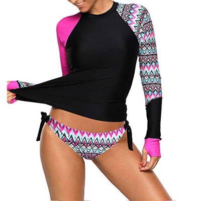 Morbuy Damen Langarm Rash Guard Bademode, Rashguard Sport Slim-Fit Surfen Badeanzug Schwimme Tankini mit Hospants Schwimmshirt Kurzarm UV Shirt Badeshirt (Rose Rot,3XL) von Morbuy