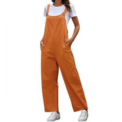 Morbuy Damen Latzhose Baggy Jumpsuits, Sommer Frauen Retro Leinen Lange Casual Overall Hose Playsuit Schwangere Hosen mit Taschen, Große Größe S-2XL (Orange,XXL) von Morbuy