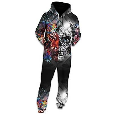 Morbuy Herren Jumpsuit Jogger, Unisex Herren Kapuzenpullover Strampelanzug 3D Printed Onepiece Sweatshirt Männer Strampler Weich Nachtwäsche Fitness Bekleidung (S, Schädeltiger) von Morbuy