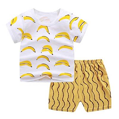 Morbuy Schlafanzug Zweiteilig Sommer Jungen, Cartoon drucken Kinder Zweiteiliger Kurzarm Pyjama+Kurze Hose Aus 100% Baumwolle, Geschenke für Kinder Jungen 1-4 Jahre (Banane,110cm) von Morbuy