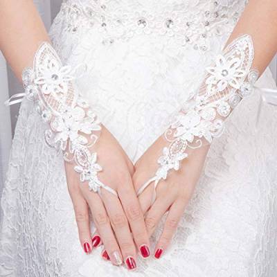 MoreChioce Damen Spitze Handschuhe,Hochzeit Braut Handschuhe Strass Armstulpen Frauen Lange Handschuhe Elastisch Lace Hochzeithandschuhe Hochzeit Party Abend Handschuhe,Weiß Strass von MoreChioce