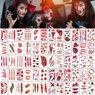 60 Blatt Halloween Tattoo, Realistisch Wirkende Narben Wunden Temporäre Tattoo, Schaurig Blutige Zombie Vampir Tattoo für Cosplay Party Dekoration Kinder Erwachsener Make-up Requisiten von N\A