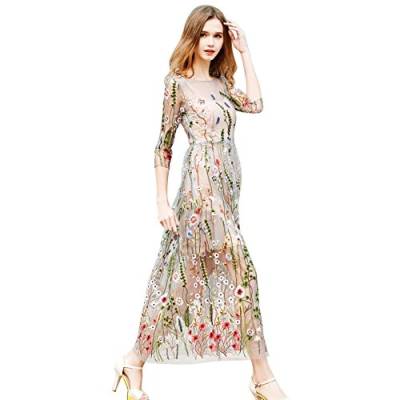 NA Damen Midi-Kleid mit Blumenstickerei, durchsichtiges Netzgewebe, legeres Abendkleid, A-Linie Gr. XXL, mehrfarbig von N\A