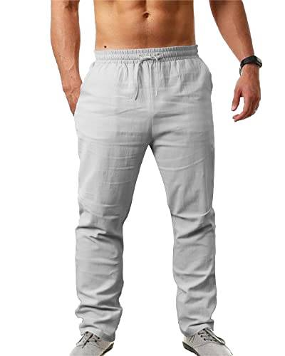 NANAMEEI Herren Leinenhose Baumwolle Casual Solid Kordelzug Hose Lose Herren Hose, grau, 34-37 von NANAMEEI