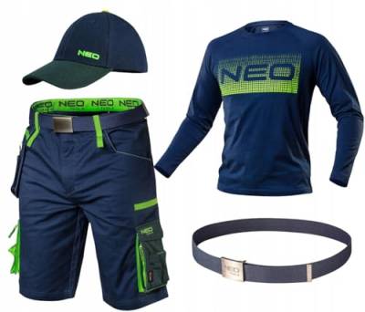 NEO TOOLS Herren Kurze Arbeitshose + Langarmshirt und Kappe, Hosengürtel (Set) Gr. S(48) - 3XL(58) / modisches Design, mit Cordura verstärkt, Multifunktionstaschene - Sommer-Arbeitskleidungsset XXL von NEO TOOLS