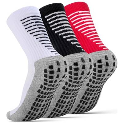 NEWIROVE 3 Paare Fußballsocken Kinder Grip Socken Fussball Antirutsch Socken Sportsocken Kinder Trainingssocken Fußballstutzen für 6-9 Jahre Jungen und Mädchen Basketball Laufen,Weiß+Schwarz+Rot S von NEWIROVE