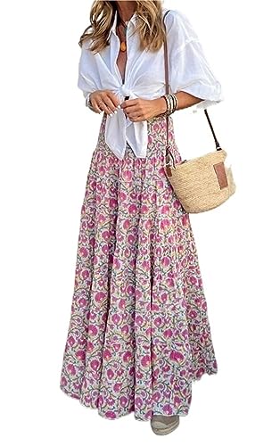 Damen Sommer Langer Bedruckter A-Linienrock Blumenrock Lässiger Strandrock Weiblicher Boho Urlaub Maxiröcke #8666 (Color : Pink, Size : S) von NEZIH