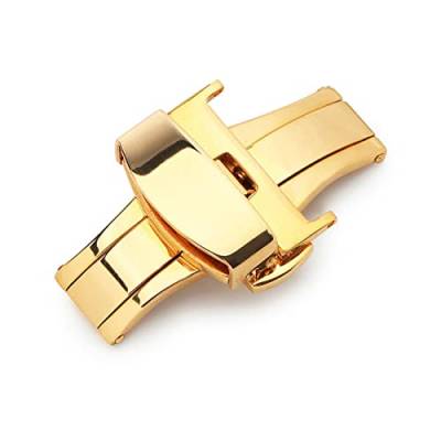NIBOTT T02 Automatisches Doppelklick-Schmetterlingsschnalle-Uhr-Push-Tasten-Falten-Bereitstellungs-Verschluss Silber-Armbanduhr-Klammer 12-24mm (Color : Gold, Size : 18mm) von NIBOTT