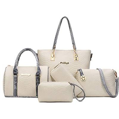NIYUTA Damen Große Tasche Mode Prägung Handtasche Beiläufig PU Leder Umhängetasche Fünfteiliges Set Weiß von NIYUTA