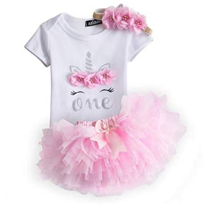 NNJXD Mädchen Newborn 1. Geburtstag 3 Stück Outfits Strampler + Tutu Kleid + Stirnband (1 Jahre, B-Pink) von NNJXD