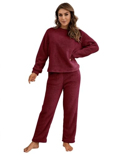 NOTRYA ThermoSchlafanzug Damen Winter, Schlafanzug Damen Lang Fleece Warm, Loungewear-Pyjamas, Kuschelig Rundhals Pullover und Lang Hose (S,Red) von NOTRYA