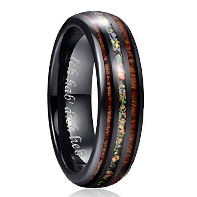NUNCAD Opal Ring für Damen Männer Schwarz Wolframcarbid Unisex Partner Ring mit Hawaii Koa Holz Breite 6mm Verlobungsring Freundschaftsring Größe 65 (20.7) von NUNCAD