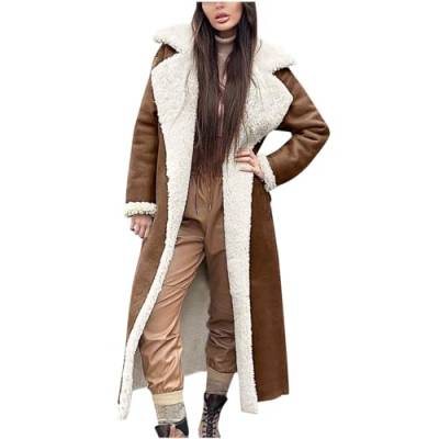 Kunstfell Jacke Damen Modische Einfarbig Winterjacke Kunstpelz Trenchcoat Lange Strickjacke Warme Pelzmantel Langarm Revers Felljacke Gefütterter Wintermantel Fellmantel Pelzjacke Mantel mit Taschen von NZYIHAO