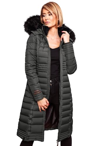 Navahoo Damen Wintermantel Mantel Steppmantel Winter Jacke lang Stepp warm Teddyfell B670 [B670-Uma-Anthrazit-Gr.L] von Navahoo