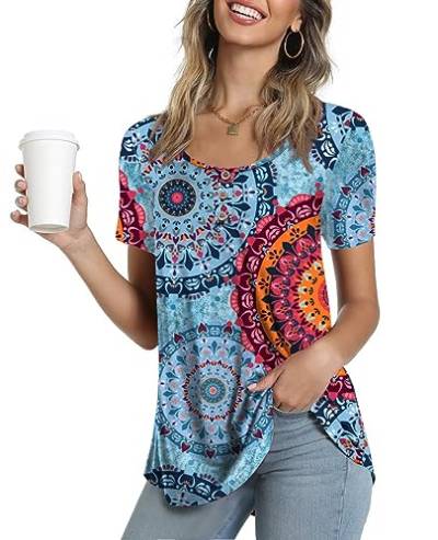 Ninee Damen Kurzarm Tunika Tops Rundhalsausschnitt T-Shirt lose Knopfleiste Bluse(Flower Multiple Blue,X-Large) von Ninee