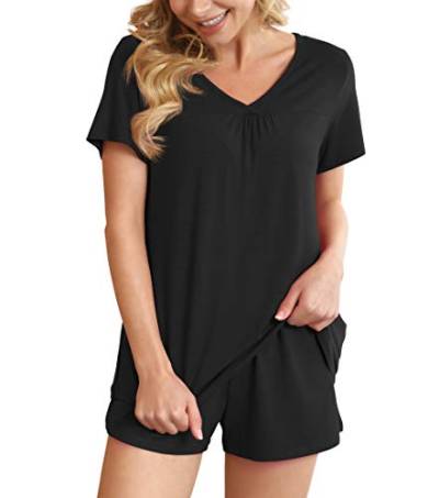 Ninee Damen Pyjama Sets Kurz Schlafanzug Shorts Sommer Soft Pj Set 2 Stück Nachtwäsche mit Taschen (Black,X-Large) von Ninee