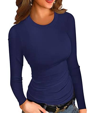 Ninee Damen gerippt Langarmshirt Crewneck Fitted Sweatshirts Slim Fit Basic Casual Tops(Navy Blue,Large) von Ninee