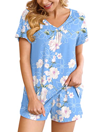 Ninee Pyjama Damen Kurz Schlafanzug Frauen Soft Nachtwäsche V-Ausschnitt Kurzarm Zweiteiliger Pjs Sets Hausanzug (Flower Light Blue,XX-Large) von Ninee