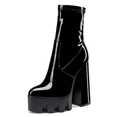 NobleOnly Damen Chunky Blockabsatz Hoher High Absatz Heel Plateau Plattform Geschlossene Zehenkappe Stiefeletten Slip-on Sexy Dress Reißverschluss 14 CM Heels Schwarz 41 EU von NobleOnly