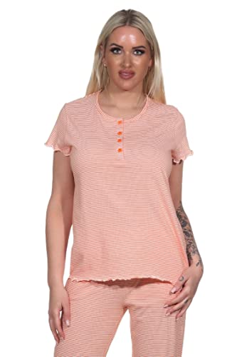 Normann Damen Schlafanzug Shirt Kurzarm Pyjama Oberteil Mix & Match in Streifenoptik, Farbe:orange, Größe:40-42 von Normann