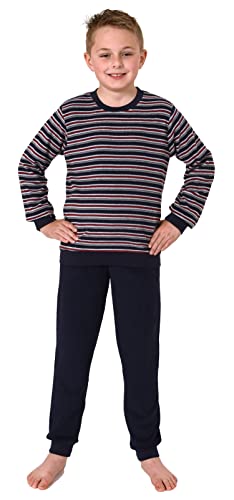 Normann Jungen Frottee Schlafanzug Pyjama Langarm mit Bündchen in Streifenoptik, Farbe:Marine, Größe:140 von Normann