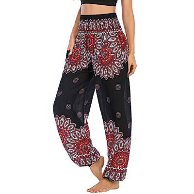 Nuofengkudu Damen Haremshose mit Taschen Boho Gemustert High Waist Leichte Baggy Yogahose Freizeithose Sommer Strand Festlich Pluderhose(W-Schwarz Blumen,Einheitsgröße) von Nuofengkudu