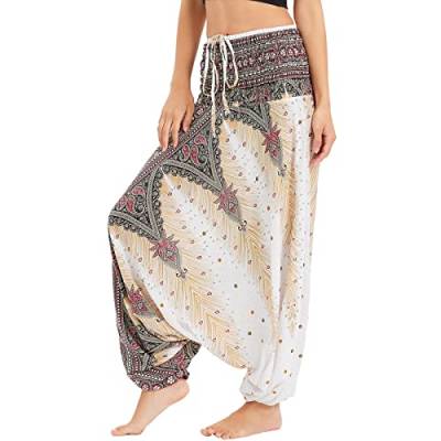 Nuofengkudu Damen Tiefer Schritt Hippie Haremshose Baggy Bunte Harem Jumpsuit Viskose Hose Leicht Dünn Luftig Wahrsagerin Kostüm Hosen Sommerhose Yogahose Haushose Einheitsgröße N Pfauenweiß von Nuofengkudu