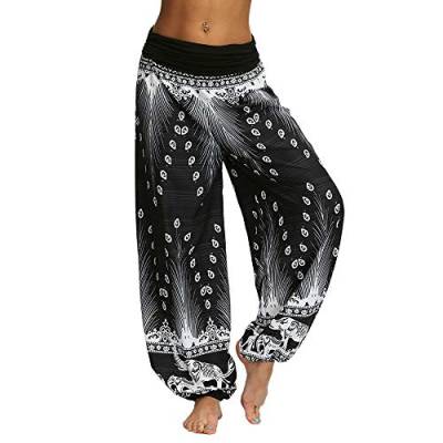 Nuofengkudu Damen Thai Hippie Hosen Haremshosen Baggy Yogahosen Leichte Boho Print Pluderhose High Waist Pumphose Sommer Strand (Schwarz B,M) von Nuofengkudu