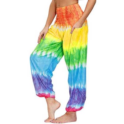 Nuofengkudu Frau Hippie Harems Hose Pumphose Haremshose Aladdinhosen Boho Gemustert Gesmockte Taille mit Taschen Yogahose Freizeithose Sommerhose Strandhose(Einheitsgröße,Y-Krawatte Gefärbt D) von Nuofengkudu