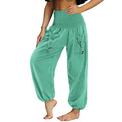 Nuofengkudu Herren Hippie High Waist Haremshose Leicht Pumphose Harem Hosen Locker Schlicht Baggy Viskose Pluderhose Yogahose Sommerhose Freizeithose Pyjamahose Homewear Hellgrün XL von Nuofengkudu