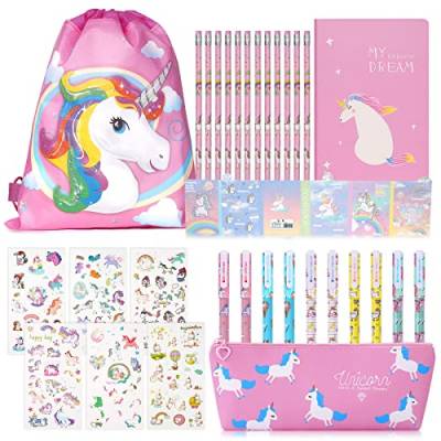 OFFCUP Einhorn Schreibwaren Geschenk Set, Einhorn Stifte Set, Inklusive Kordel Lagerung Taschen, 1 Notizbuch, 4 Bleistift, 10 Gelschreiber, 1 Federmäppchen, Aufkleber, Haftnotizen, für Mädchen Jungen von OFFCUP