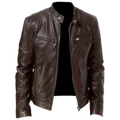 OHXSM Herren Stehkragen Lederjacke Lässige Kunstleder Motorradjacke mit Reißverschlusstaschen Herren Lässige Lederjacken Stehkragen Jacken Herrenjacke Leichte Herbst Winterjacke mit Taschen von OHXSM