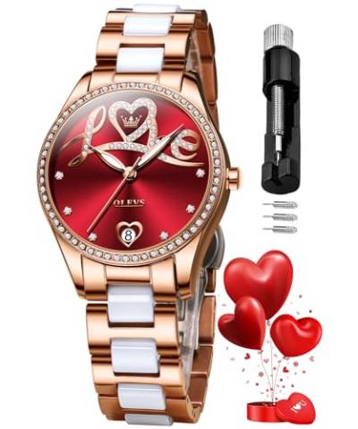 OLEVS Automatikuhren für Damen, Diamant-Mode, elegantes Kleid, mechanisch, selbstaufziehend, Datum, Damen-Armbanduhr, luxuriös, rotgold, zweifarbig, Keramikuhr, wasserdicht, leuchtend, 6686 Rot, Uhren von OLEVS