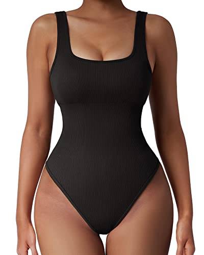 OMKAGI Bodysuit Ribbed Shapewear Damen Bauchweg Stark Formend Sculpting Sleeveless Seamless Yoga Jumpsuit Thong Bodysuits Figure Shaping Body Shape(S, Schwarz-02) von OMKAGI