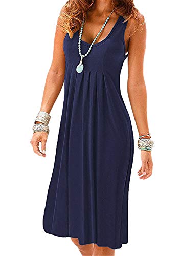 OMZIN Damen Kleider Vest Tunika Midi Casual Kleid Rundhals Einfarbig Strandkleid Navy Blau 3XL von OMZIN