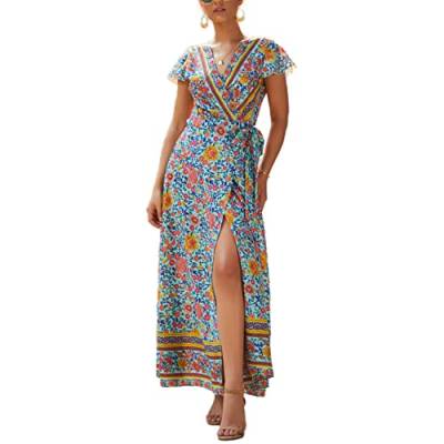 Sommerkleid Boho Kleid V-Ausschnitt Strandkleid Damen Maxikleid Kurzarm A Linie Lang Wickelkleid Alter 16-45 Jahre,Grün,XL von ONLY CHARM