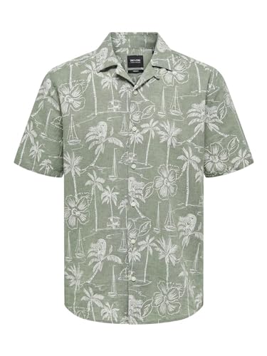 ONLY & SONS Herren Leinen Hemd ONSCaiden Hawaii Kurzarm Freizeithemd mit Palmen 22028423 Swamp M von ONLY & SONS