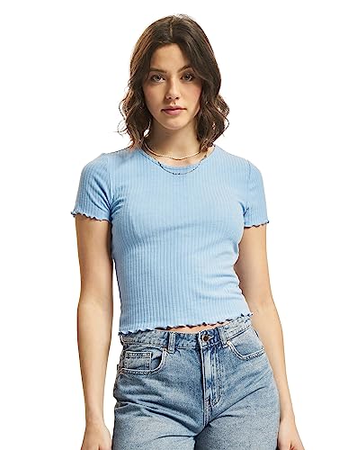 ONLY Damen Geripptes Cropped T-Shirt | Kurzes Short Sleeve Rundhals Top | Bauchfrei Gewellt ONLEMMA, Farben:Blau, Größe:L von ONLY