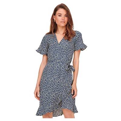 ONLY Damen Blusen Wickelkleid Lockeres Midi Kurzarm Tunika Dress Knielang mit Bindegürtel ONLOLIVIA, Farben:Blau-3, Größe:36 von ONLY