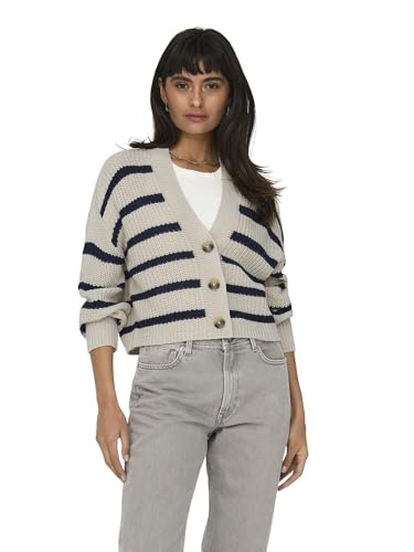 ONLY Damen Strickjacke kurzer Cardigan mit Streifen ONLCarolnice Stripe 15261057 Pumice Stone/Navy Blazer XS von ONLY