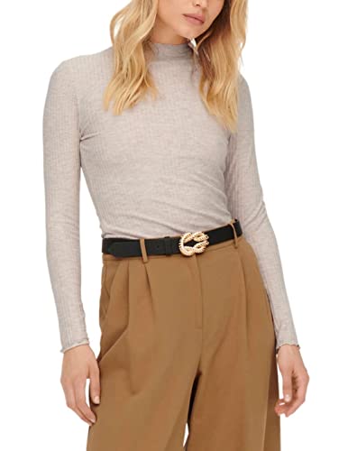 ONLY Damen Dünnes Langarm Shirt | Geripptes Stehkragen Basic Longsleeve ONLEMMA | Gewelltes Oberteil, Farben:Beige, Größe:M von ONLY